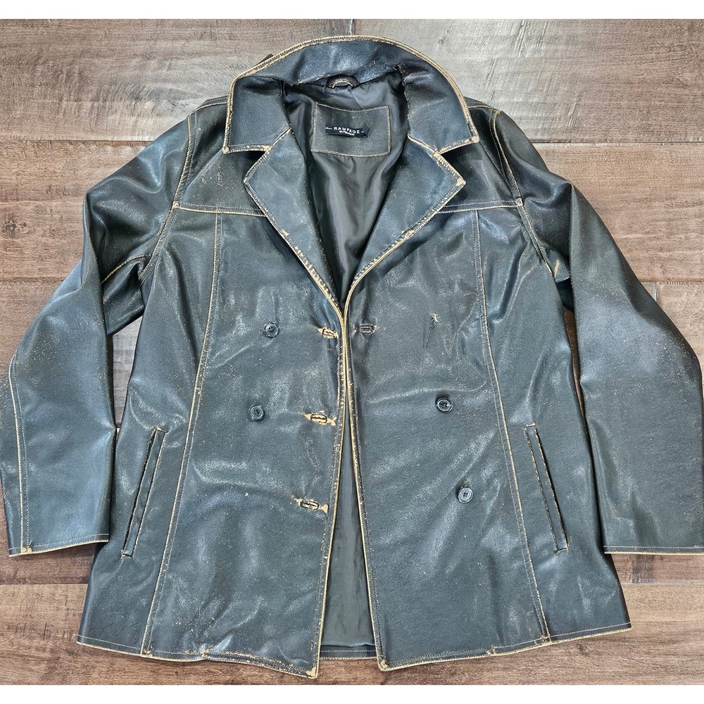 VTG Western Heavily Distressed Retro Womens Faux Leather Peacoat Brown Jacket XL